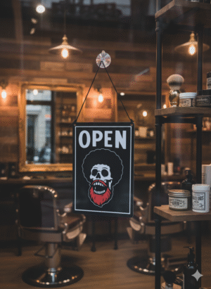 Cartel cerrado/abierto barbero afro calavera| Kool Barber