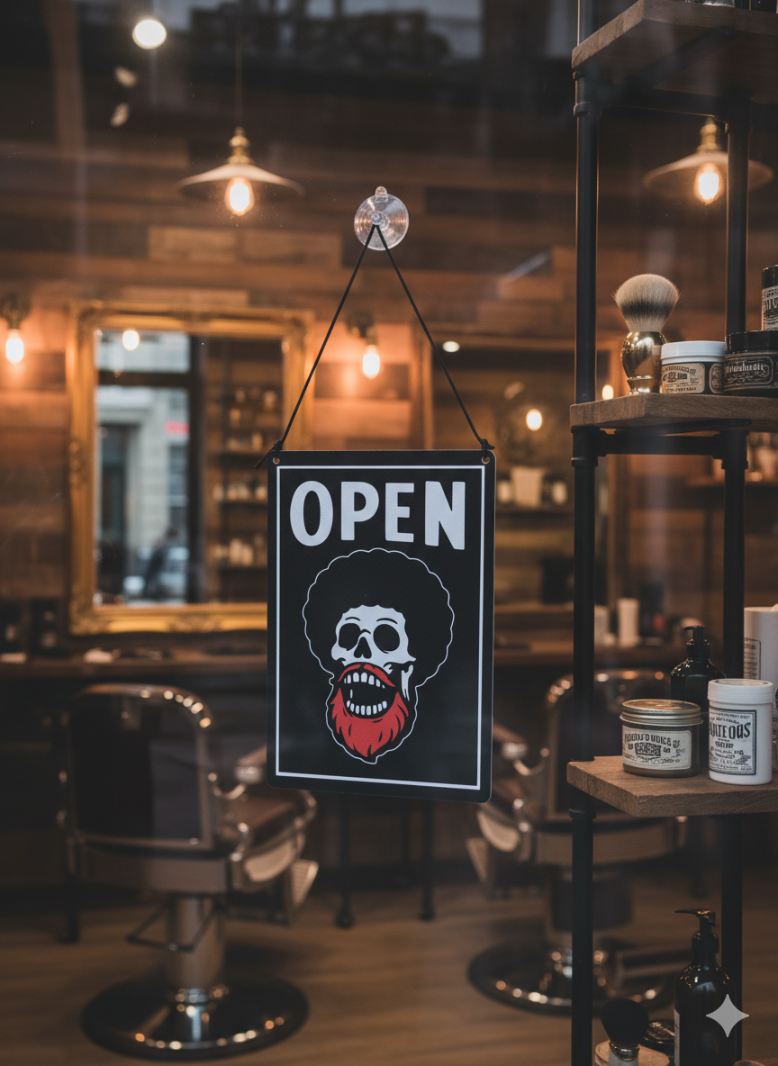 Cartel cerrado/abierto barbero afro calavera| Kool Barber