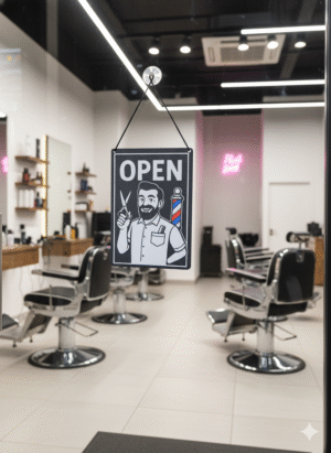 Cartel cerrado/abierto barbero clásico elegante | Kool Barber